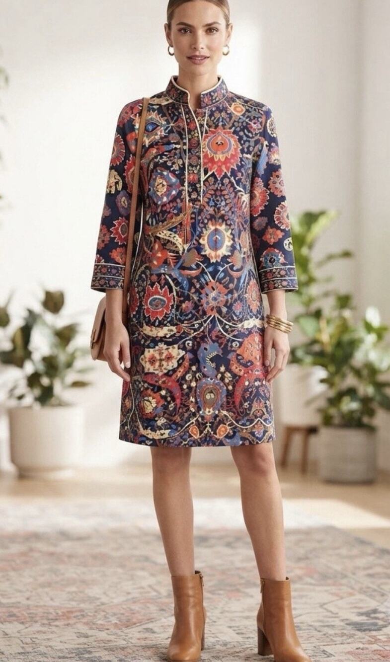 Gretchen Scott Patterned Multicolor Jersey Dress 1/4 Button Up Sz M EUC